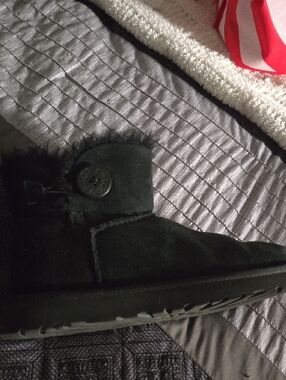 UGG Black Suede Shearling Cuff Button Short Boots